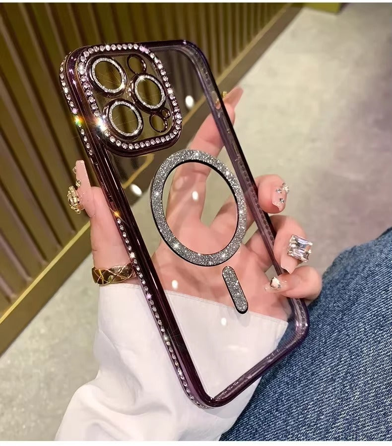 Premium iPhone Case MagSafe Compatible Magnetic Protective Cover Transparent Glitter Diamond Design Shockproof Bumper Camera Lens Protection Ultra Thin Slim