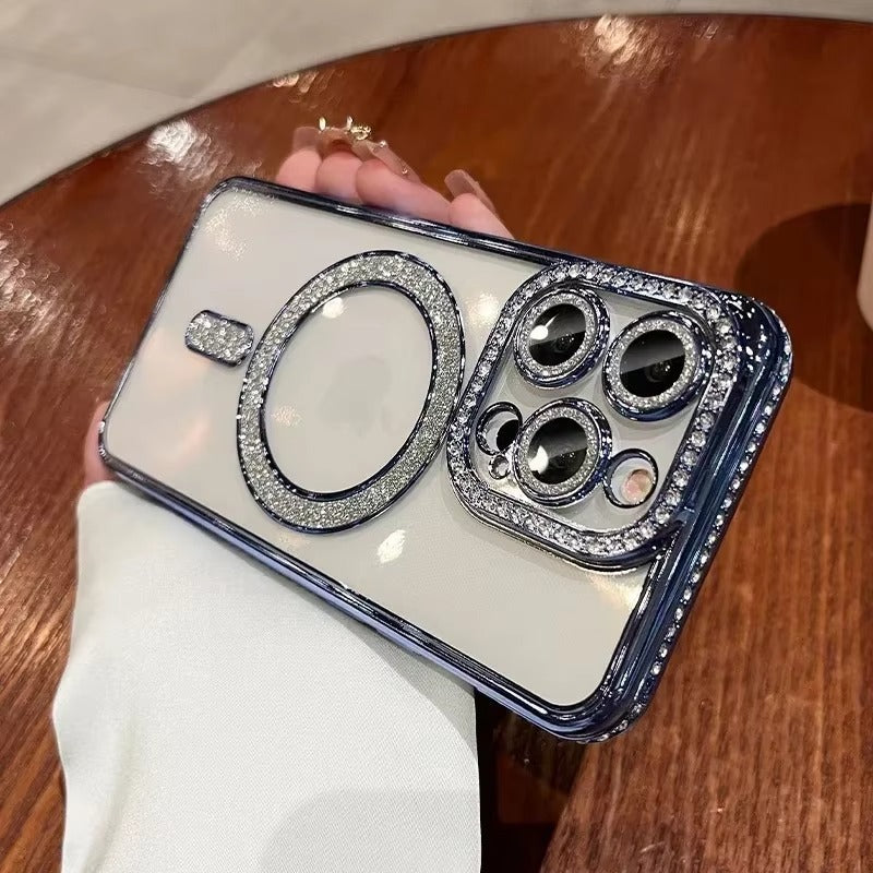 Premium iPhone Case MagSafe Compatible Magnetic Protective Cover Transparent Glitter Diamond Design Shockproof Bumper Camera Lens Protection Ultra Thin Slim