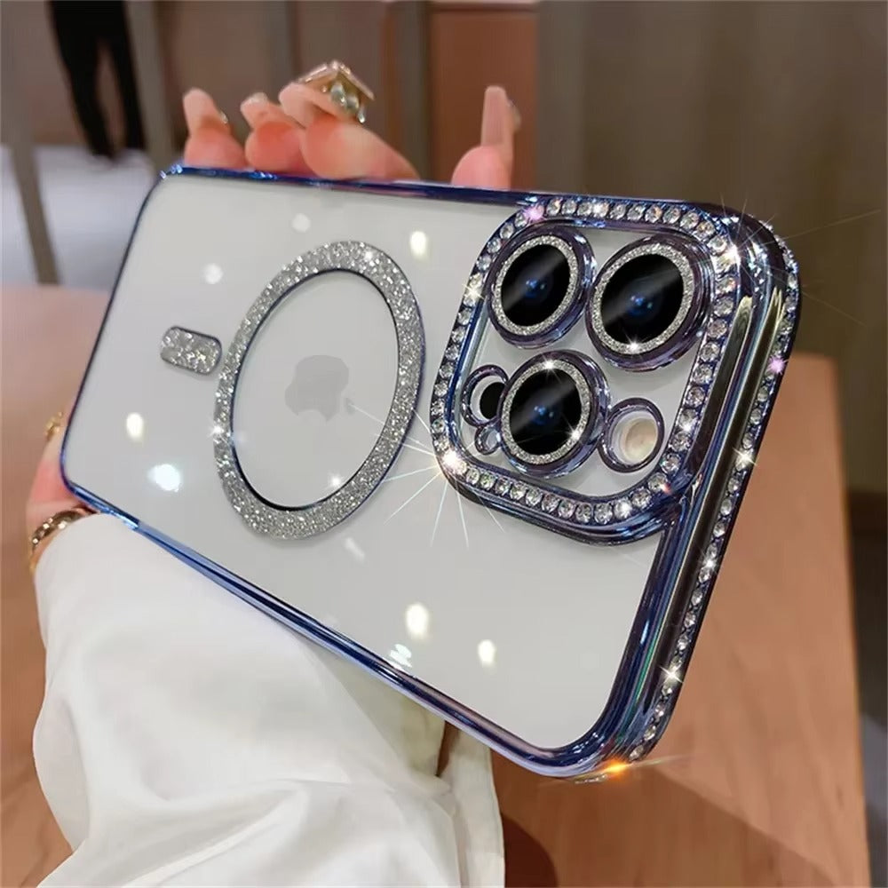 Premium iPhone Case MagSafe Compatible Magnetic Protective Cover Transparent Glitter Diamond Design Shockproof Bumper Camera Lens Protection Ultra Thin Slim