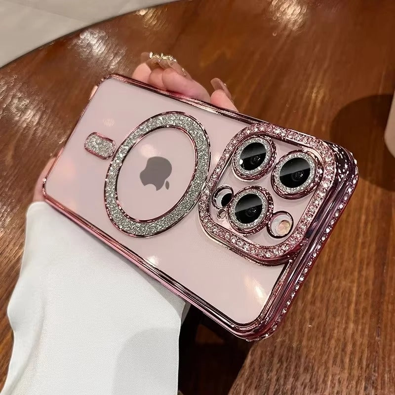 Premium iPhone Case MagSafe Compatible Magnetic Protective Cover Transparent Glitter Diamond Design Shockproof Bumper Camera Lens Protection Ultra Thin Slim