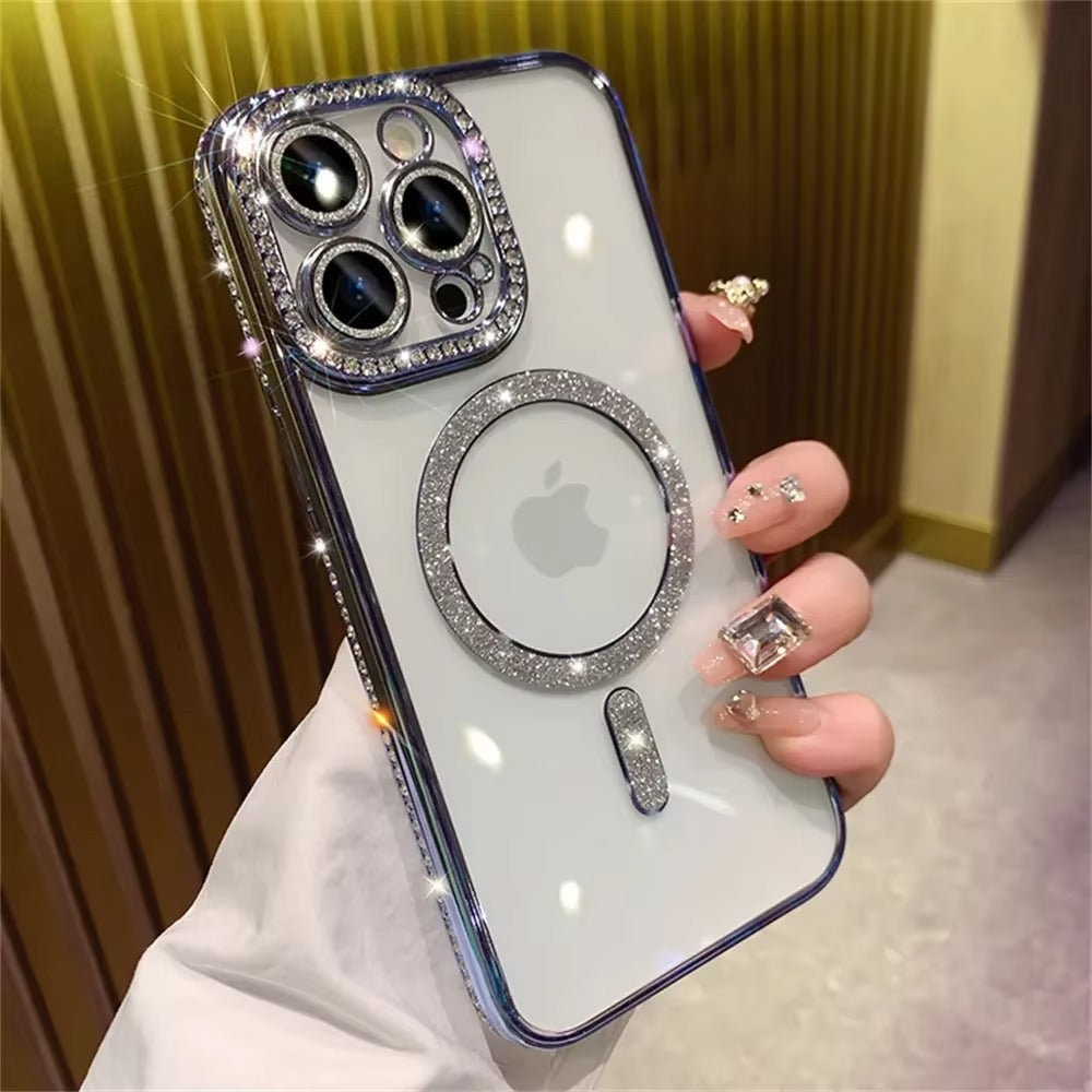 Premium iPhone Case MagSafe Compatible Magnetic Protective Cover Transparent Glitter Diamond Design Shockproof Bumper Camera Lens Protection Ultra Thin Slim