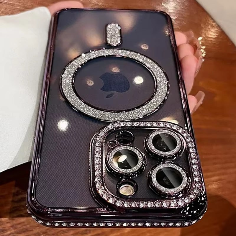 Premium iPhone Case MagSafe Compatible Magnetic Protective Cover Transparent Glitter Diamond Design Shockproof Bumper Camera Lens Protection Ultra Thin Slim