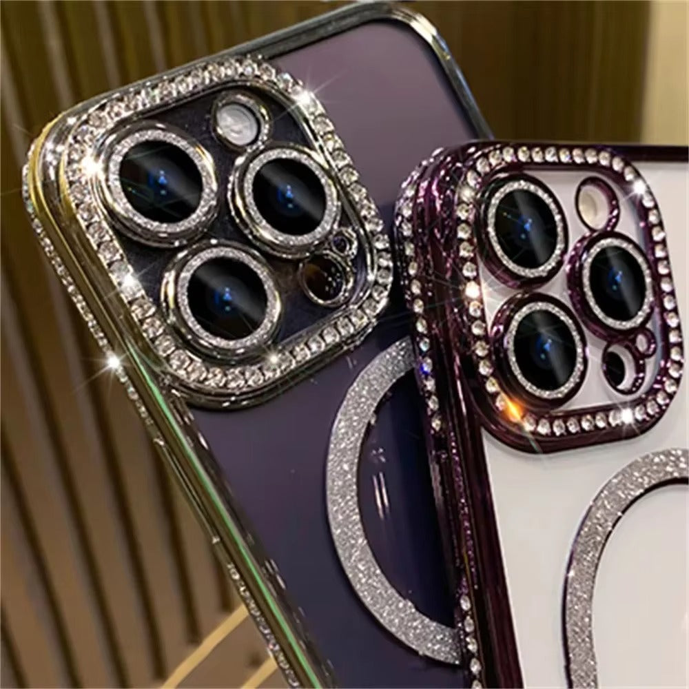 Premium iPhone Case MagSafe Compatible Magnetic Protective Cover Transparent Glitter Diamond Design Shockproof Bumper Camera Lens Protection Ultra Thin Slim