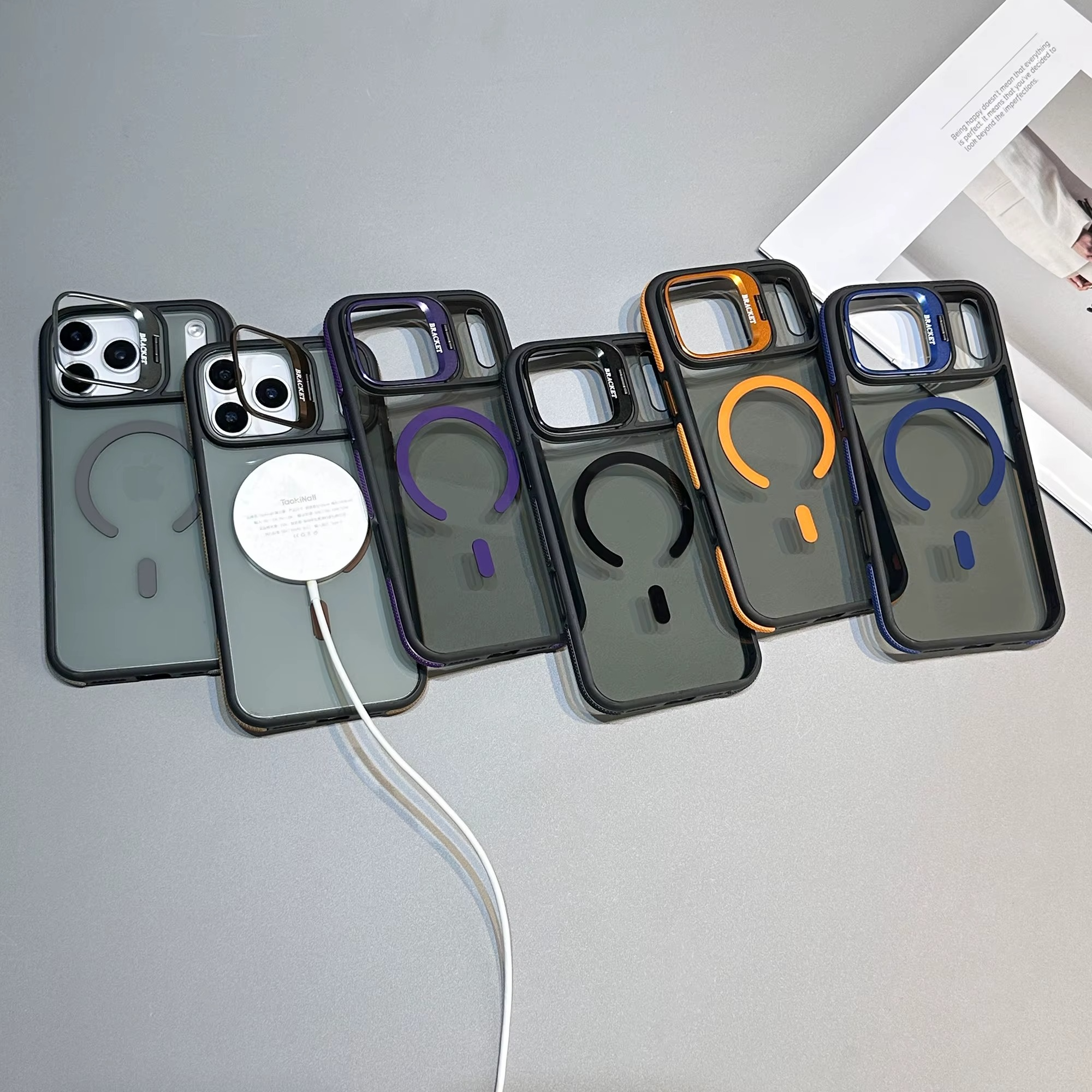 Premium iPhone Case MagSafe Compatible Magnetic Protective Cover Transparent Matte Back Built-in Kickstand Shockproof Protection Camera Lens Guard Slim Design