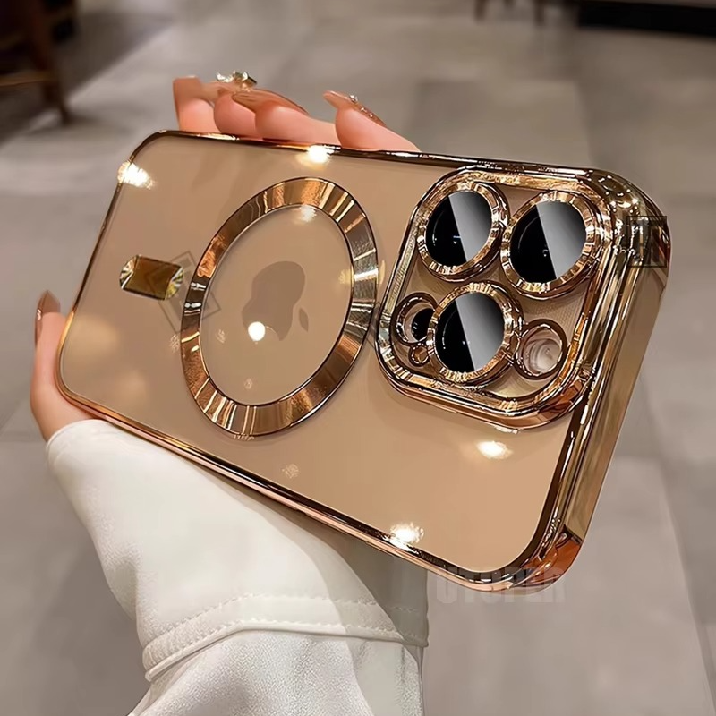 Premium iPhone Case MagSafe Compatible Magnetic Protective Cover Transparent TPU Desert Gold Finish Shockproof Camera Lens Protection Slim Design
