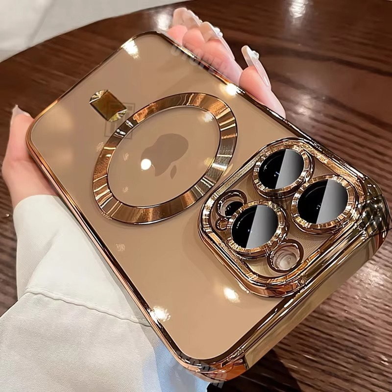 Premium iPhone Case MagSafe Compatible Magnetic Protective Cover Transparent TPU Desert Gold Finish Shockproof Camera Lens Protection Slim Design