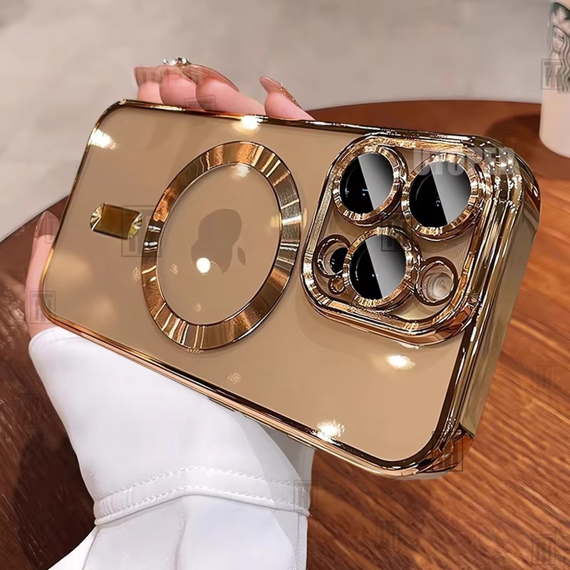 Premium iPhone Case MagSafe Compatible Magnetic Protective Cover Transparent TPU Desert Gold Finish Shockproof Camera Lens Protection Slim Design