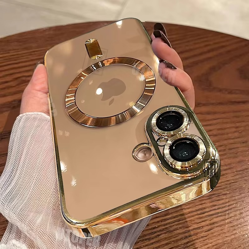 Premium iPhone Case MagSafe Compatible Magnetic Protective Cover Transparent TPU Desert Gold Finish Shockproof Camera Lens Protection Slim Design