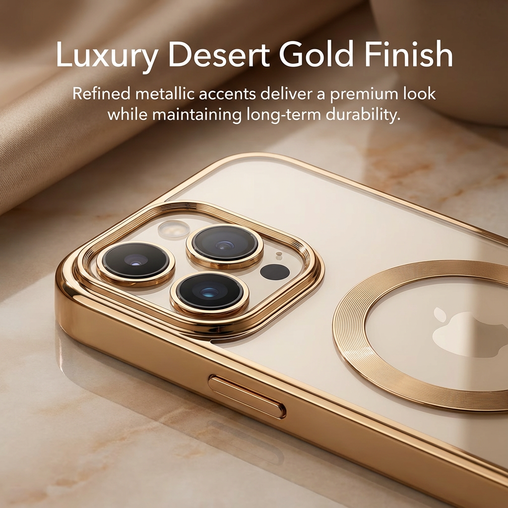 Premium iPhone Case MagSafe Compatible Magnetic Protective Cover Transparent TPU Desert Gold Finish Shockproof Camera Lens Protection Slim Design