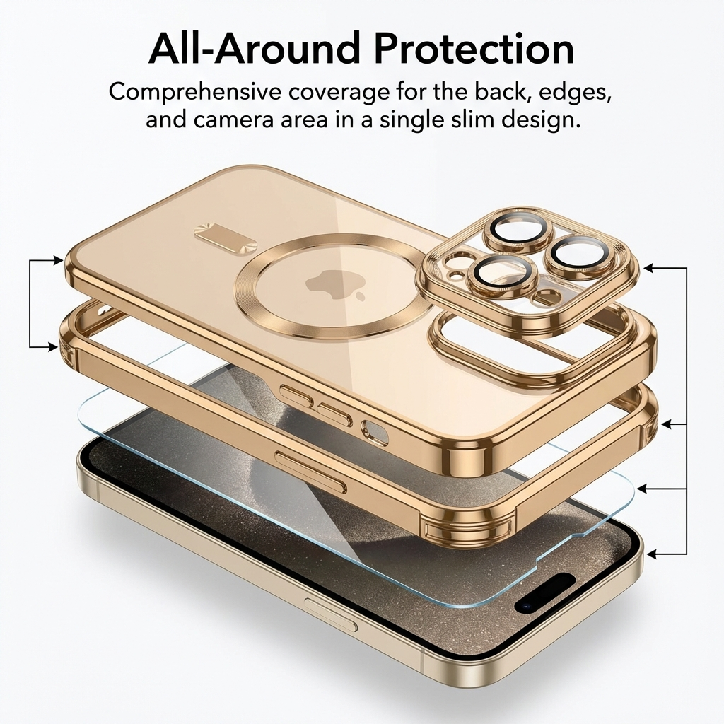 Premium iPhone Case MagSafe Compatible Magnetic Protective Cover Transparent TPU Desert Gold Finish Shockproof Camera Lens Protection Slim Design