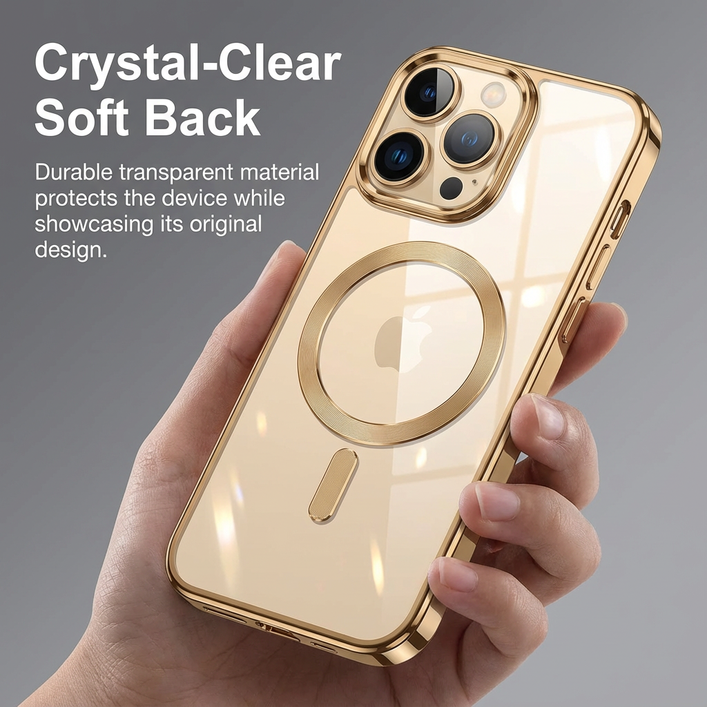 Premium iPhone Case MagSafe Compatible Magnetic Protective Cover Transparent TPU Desert Gold Finish Shockproof Camera Lens Protection Slim Design
