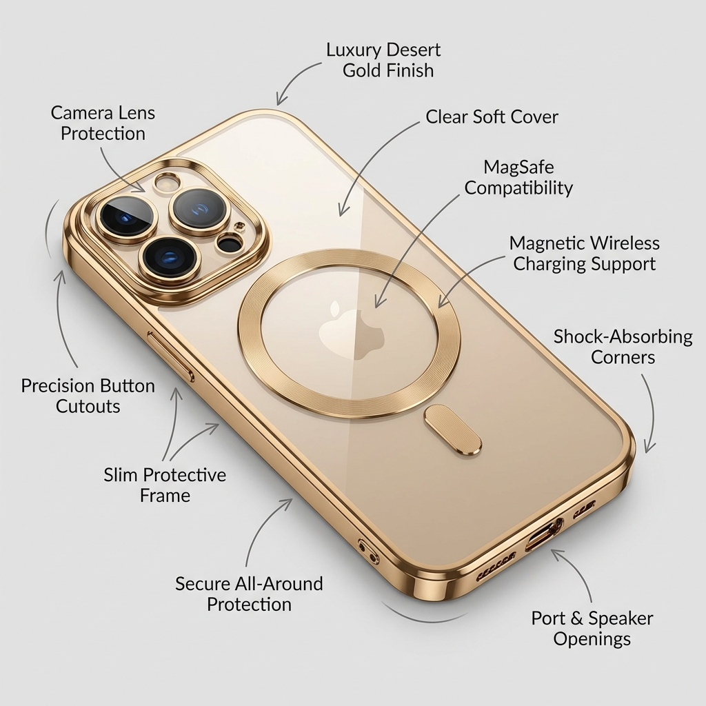 Premium iPhone Case MagSafe Compatible Magnetic Protective Cover Transparent TPU Desert Gold Finish Shockproof Camera Lens Protection Slim Design