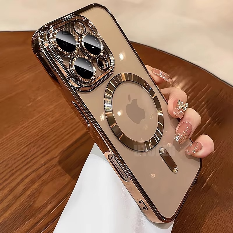 Premium iPhone Case MagSafe Compatible Magnetic Protective Cover Transparent TPU Desert Gold Finish Shockproof Camera Lens Protection Slim Design