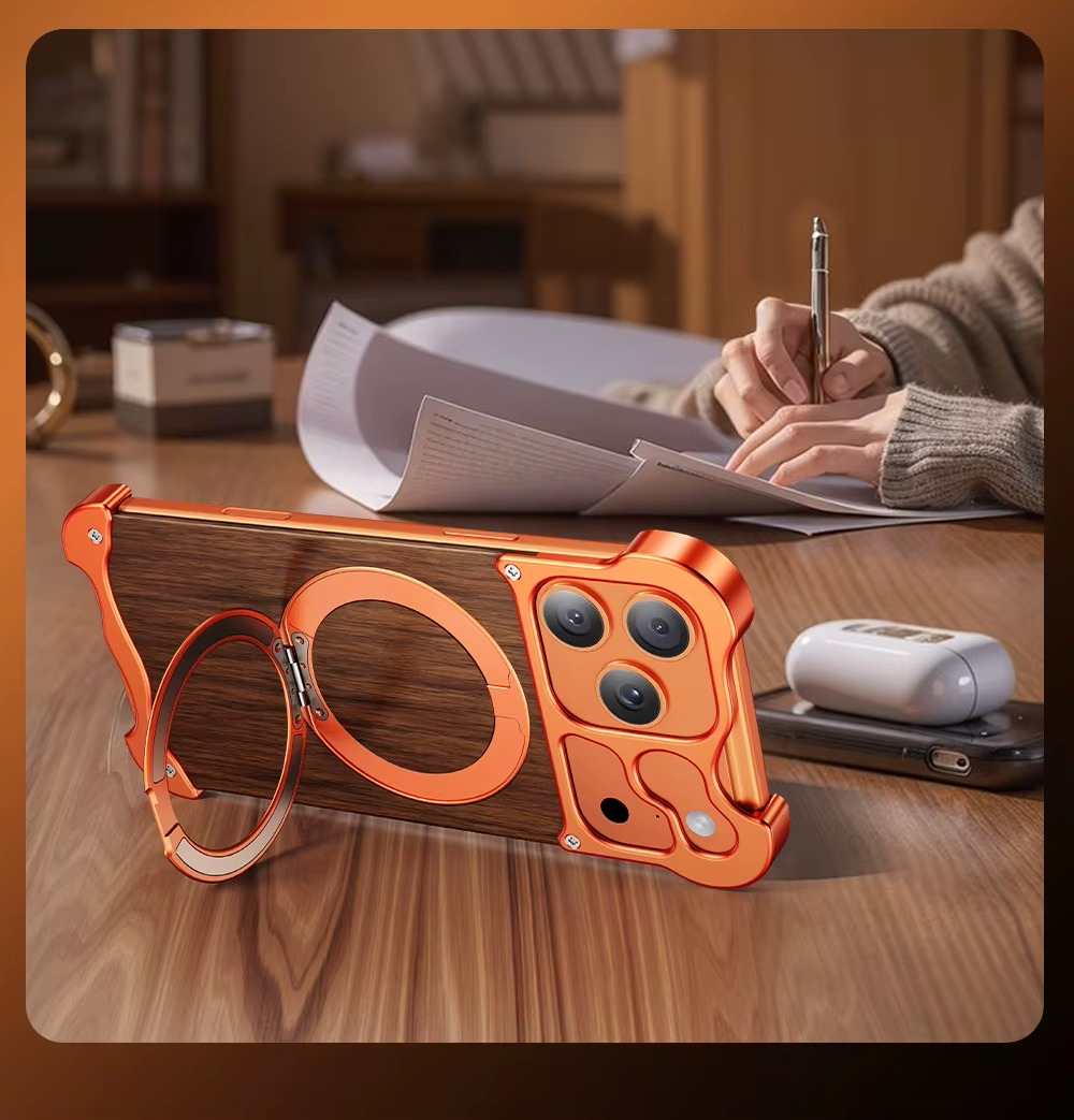 Premium iPhone Case MagSafe Compatible Magnetic Protective Cover Wood Back Aluminum Frame 360° Rotating Ring Stand Shockproof Camera Lens Protection Slim Design