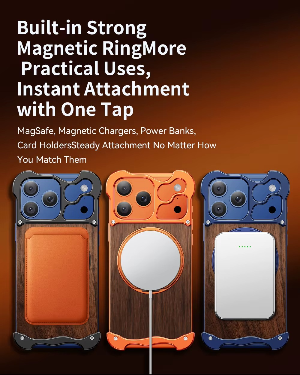 Premium iPhone Case MagSafe Compatible Magnetic Protective Cover Wood Back Aluminum Frame 360° Rotating Ring Stand Shockproof Camera Lens Protection Slim Design