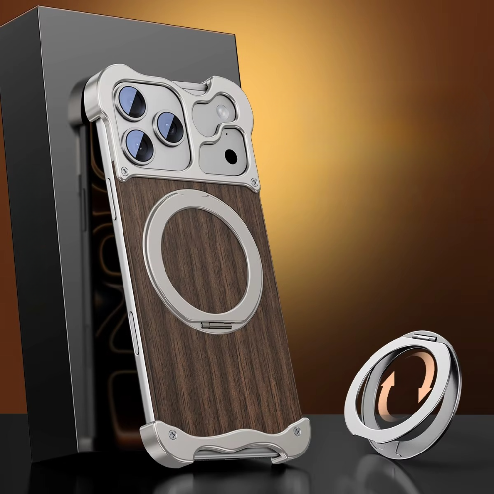 Premium iPhone Case MagSafe Compatible Magnetic Protective Cover Wood Back Aluminum Frame 360° Rotating Ring Stand Shockproof Camera Lens Protection Slim Design