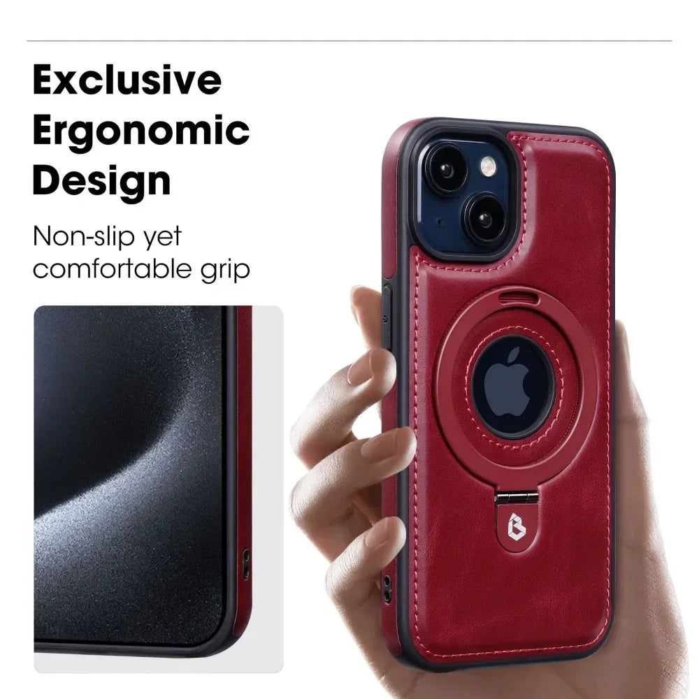 Premium iPhone Case MagSafe Compatible PU Leather Magnetic Ring Stand Shockproof Protective Cover 360 Rotating Kickstand Camera Lens Protection Slim Design