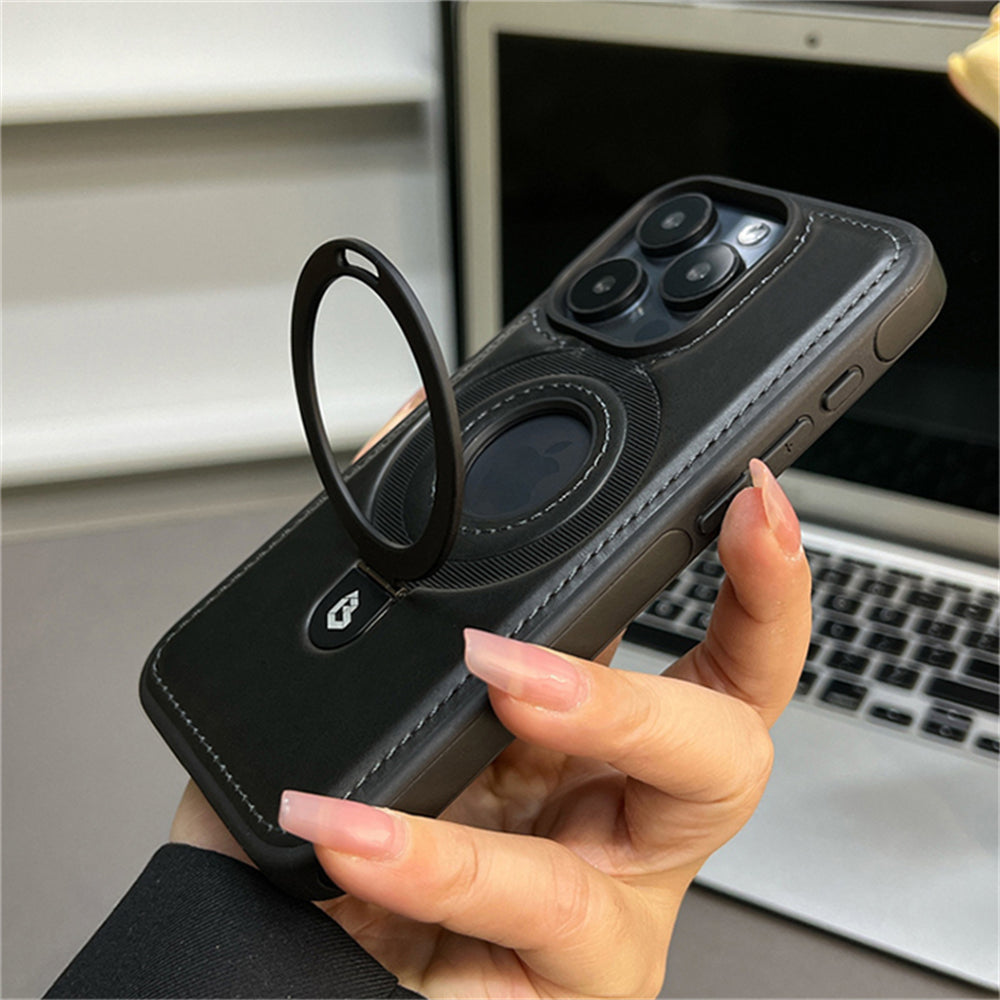 Premium iPhone Case MagSafe Compatible PU Leather Magnetic Ring Stand Shockproof Protective Cover 360 Rotating Kickstand Camera Lens Protection Slim Design