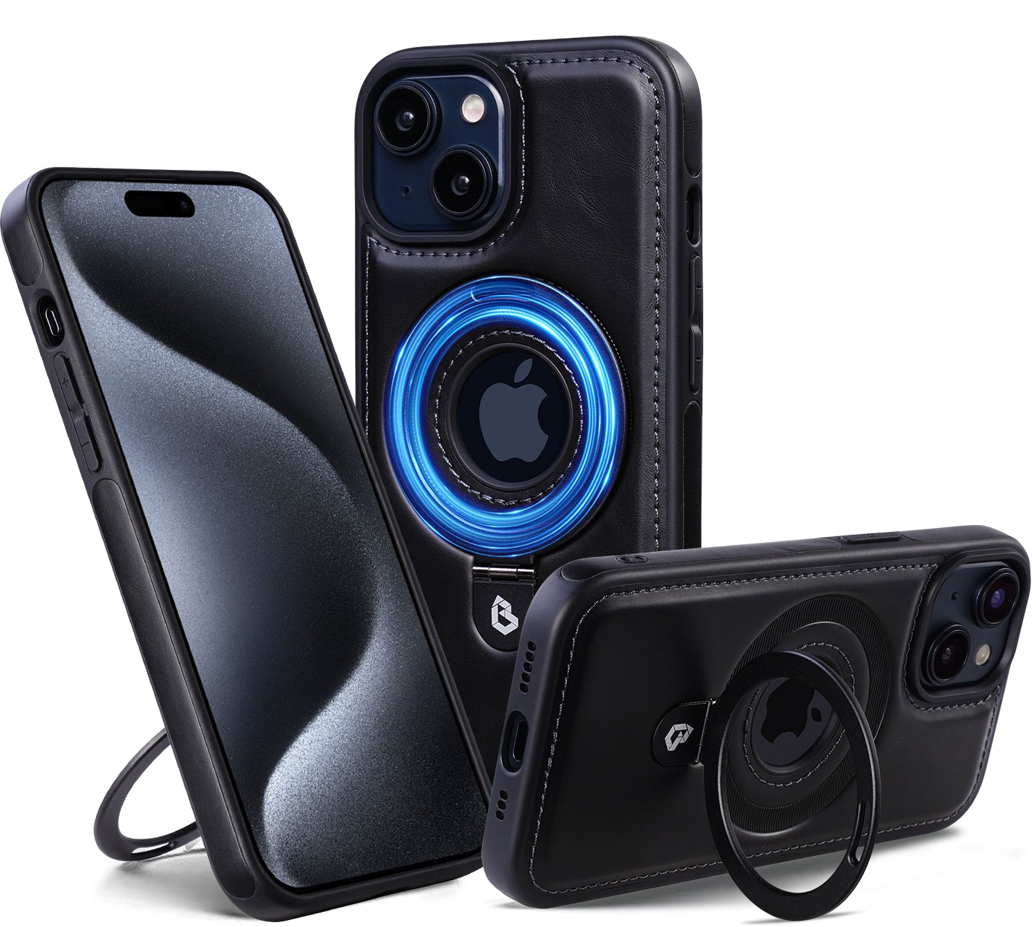 Premium iPhone Case MagSafe Compatible PU Leather Magnetic Ring Stand Shockproof Protective Cover 360 Rotating Kickstand Camera Lens Protection Slim Design