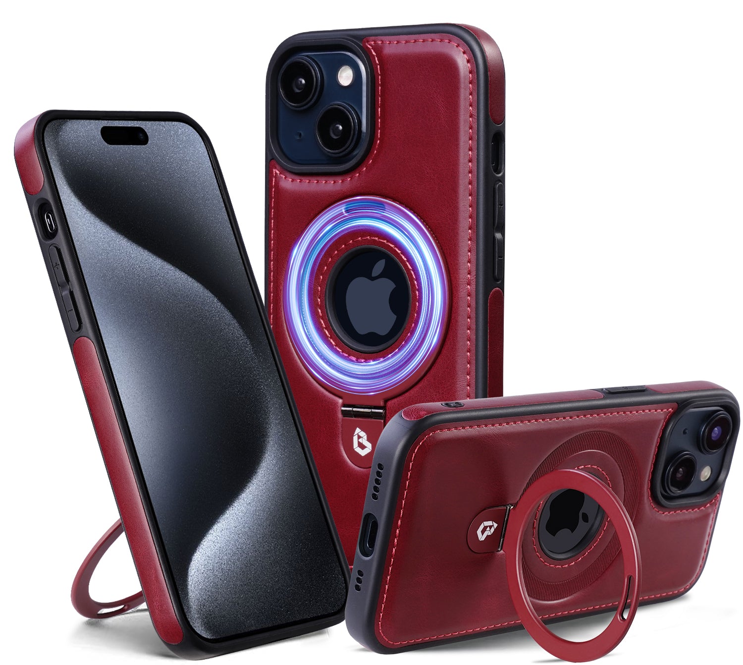 Premium iPhone Case MagSafe Compatible PU Leather Magnetic Ring Stand Shockproof Protective Cover 360 Rotating Kickstand Camera Lens Protection Slim Design