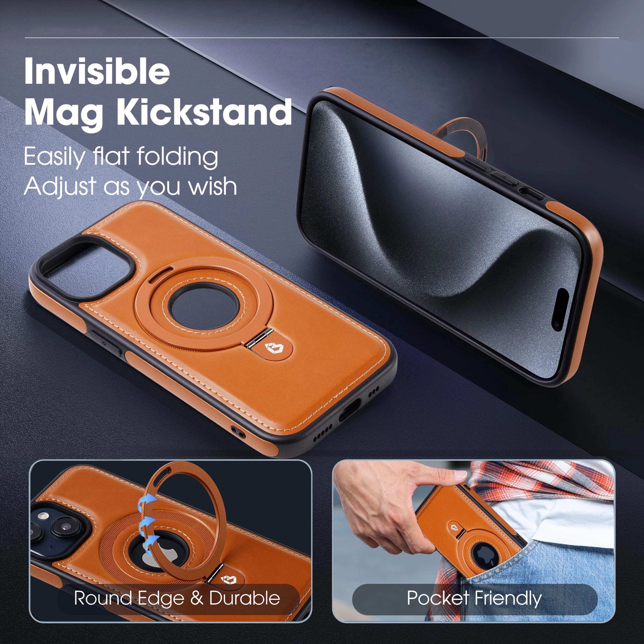 Premium iPhone Case MagSafe Compatible PU Leather Magnetic Ring Stand Shockproof Protective Cover 360 Rotating Kickstand Camera Lens Protection Slim Design