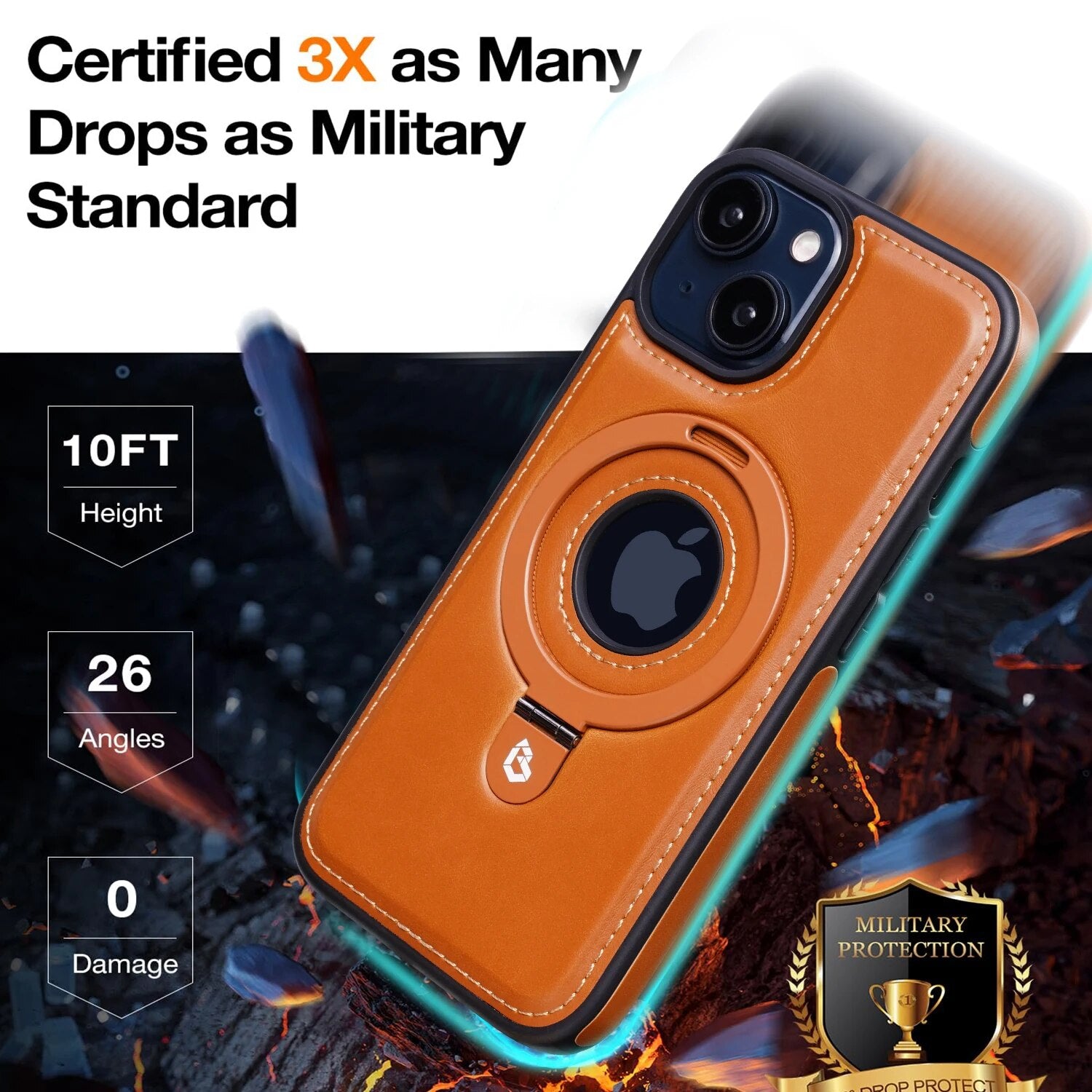 Premium iPhone Case MagSafe Compatible PU Leather Magnetic Ring Stand Shockproof Protective Cover 360 Rotating Kickstand Camera Lens Protection Slim Design