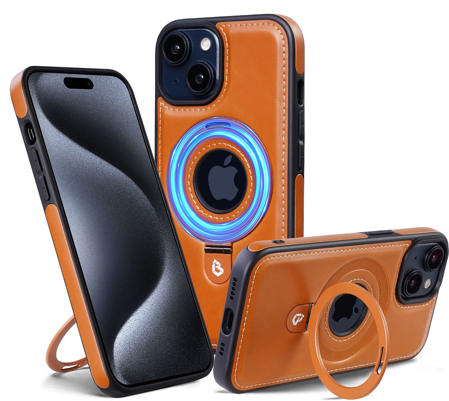 Premium iPhone Case MagSafe Compatible PU Leather Magnetic Ring Stand Shockproof Protective Cover 360 Rotating Kickstand Camera Lens Protection Slim Design
