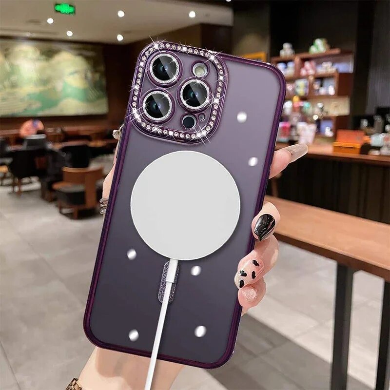 Premium iPhone Case MagSafe Compatible Pink Glitter Clear Shockproof Protective Cover Diamond Texture Camera Lens Protection Slim Design