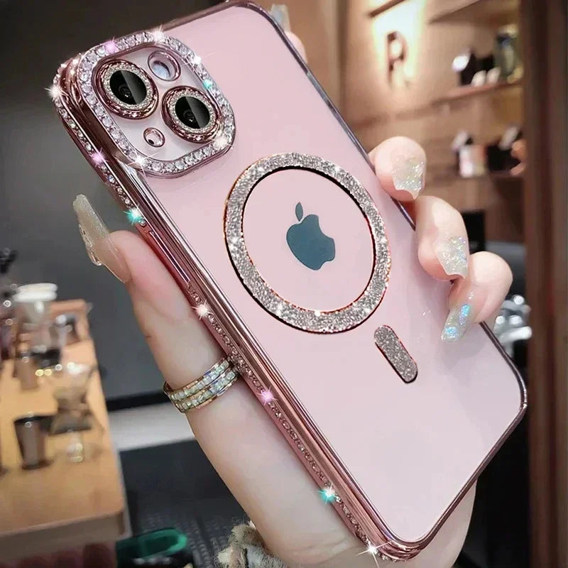 Premium iPhone Case MagSafe Compatible Pink Glitter Clear Shockproof Protective Cover Diamond Texture Camera Lens Protection Slim Design
