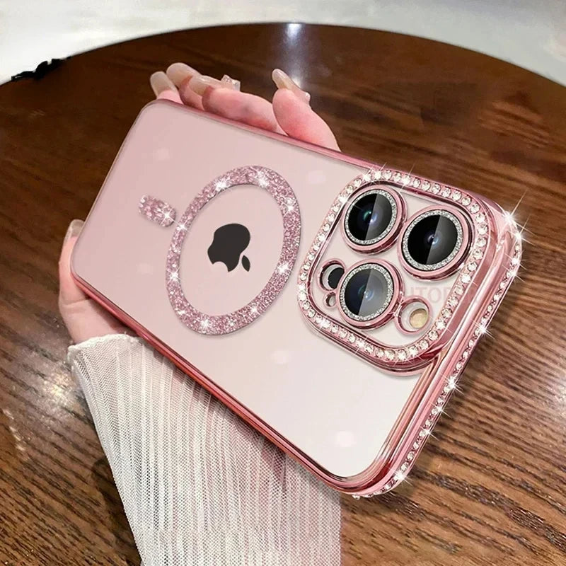 Premium iPhone Case MagSafe Compatible Pink Glitter Clear Shockproof Protective Cover Diamond Texture Camera Lens Protection Slim Design
