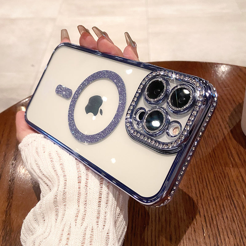 Premium iPhone Case MagSafe Compatible Pink Glitter Clear Shockproof Protective Cover Diamond Texture Camera Lens Protection Slim Design