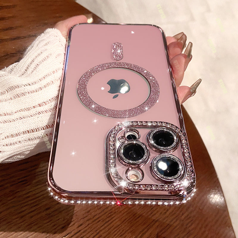 Premium iPhone Case MagSafe Compatible Pink Glitter Clear Shockproof Protective Cover Diamond Texture Camera Lens Protection Slim Design
