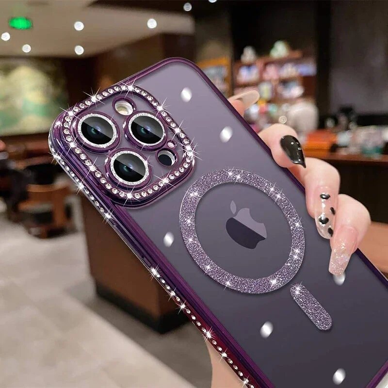 Premium iPhone Case MagSafe Compatible Pink Glitter Clear Shockproof Protective Cover Diamond Texture Camera Lens Protection Slim Design