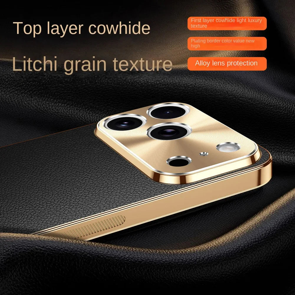 Premium iPhone Case MagSafe Compatible Protective Cover Lychee Texture Leather Back Electroplated Frame Shockproof Camera Lens Protection Full Coverage Slim Design