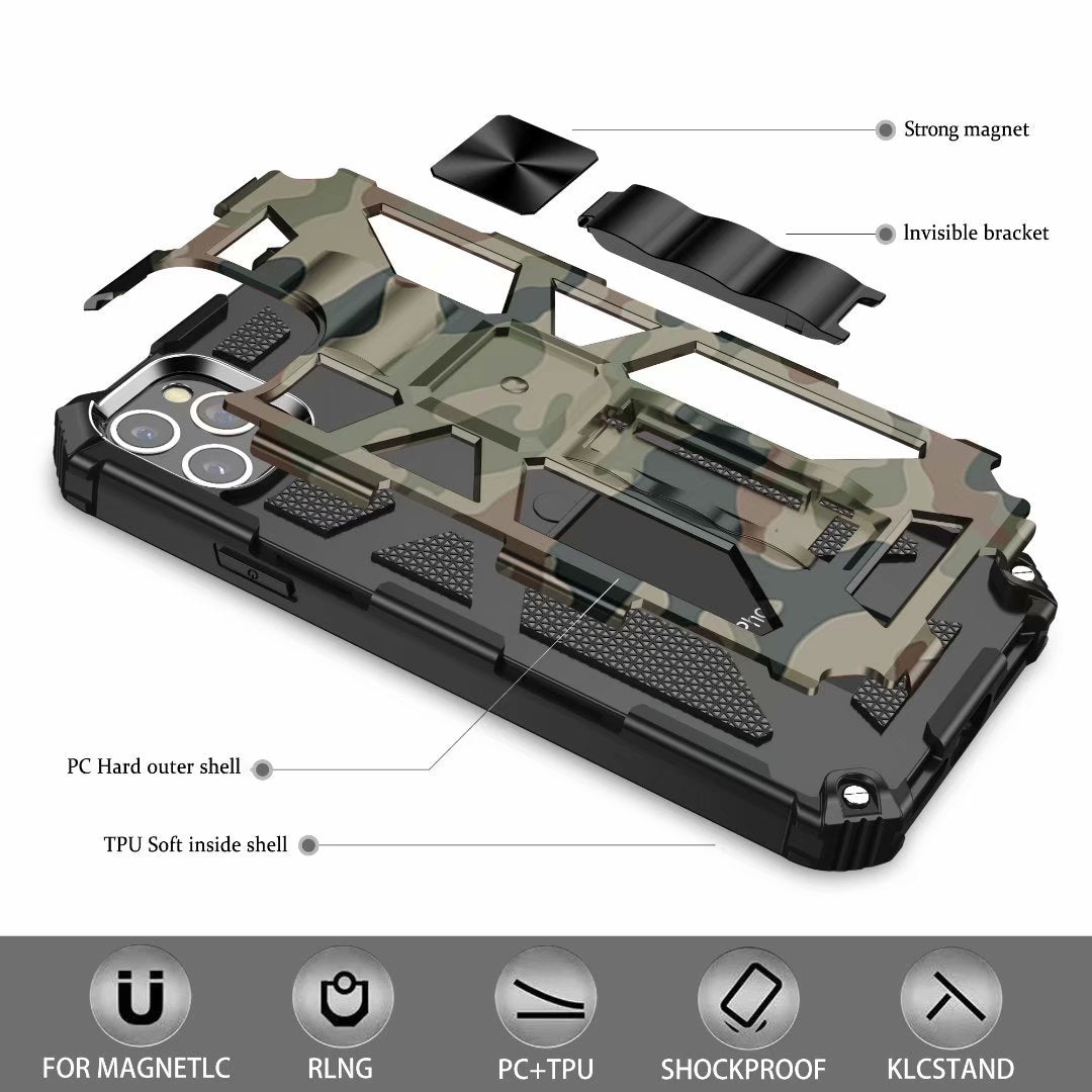 Premium iPhone Case MagSafe Compatible Rugged Armor Camouflage Kickstand Shockproof Protective Cover Camera Lens Protection Heavy Duty Design