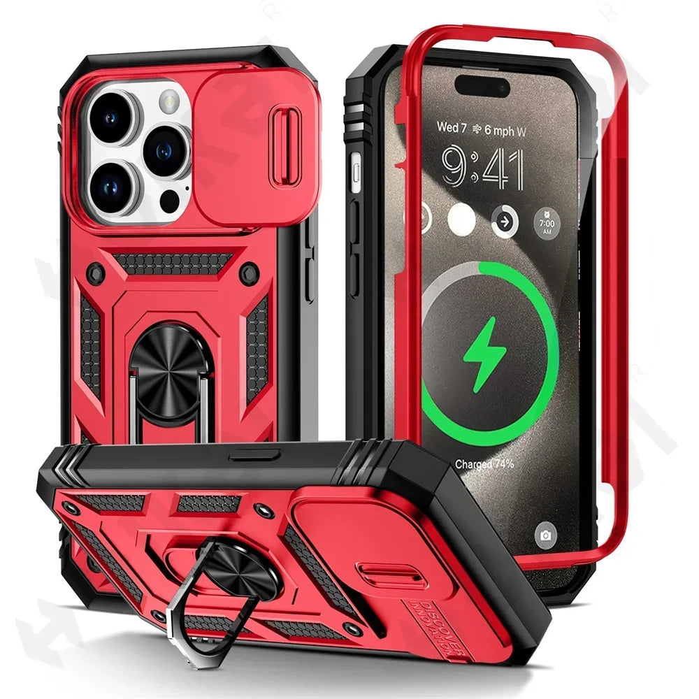 Premium iPhone Case MagSafe Compatible Rugged Armor Kickstand Card Holder Shockproof Protective Cover 360 Protection Camera Lens Protection Heavy Duty Design