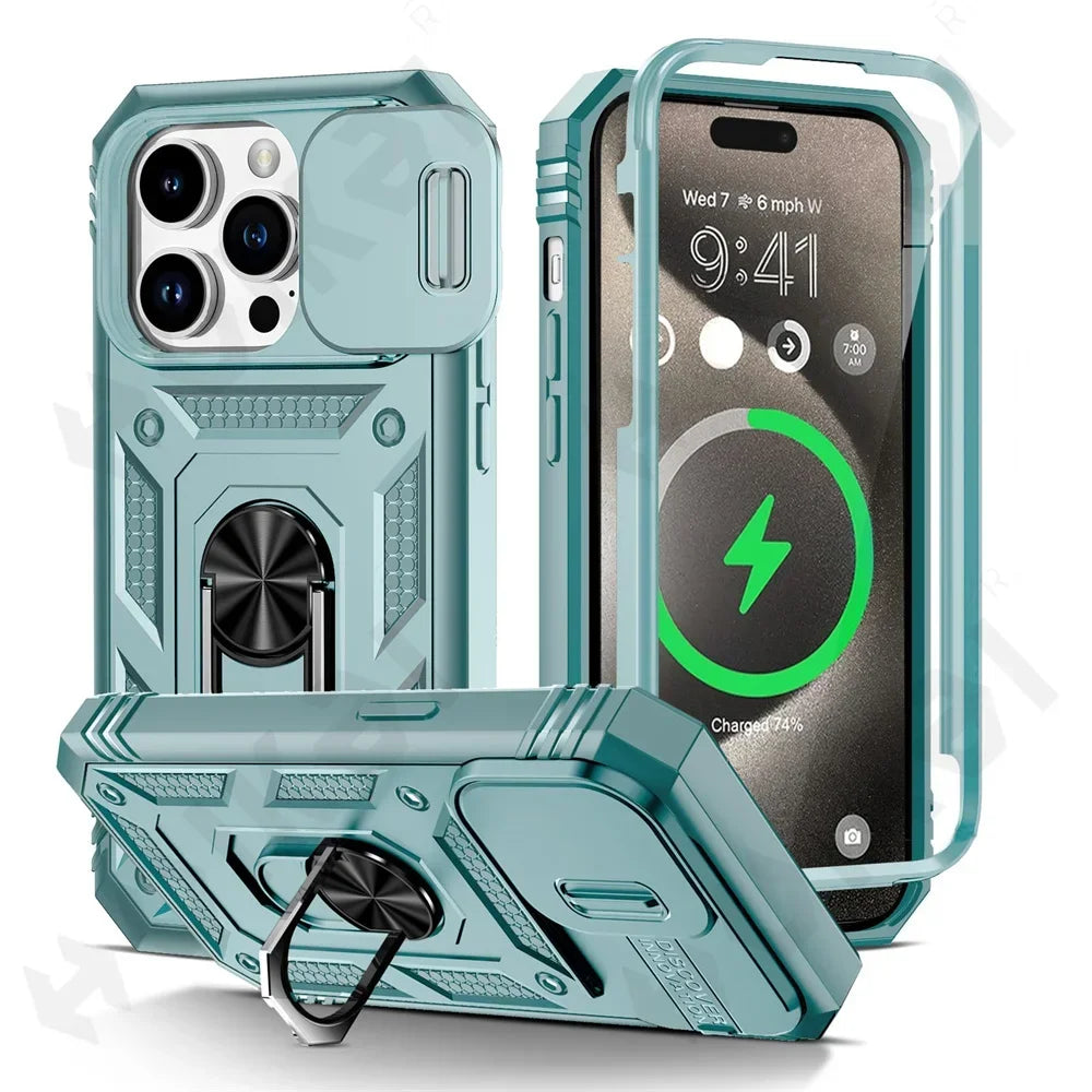 Premium iPhone Case MagSafe Compatible Rugged Armor Kickstand Card Holder Shockproof Protective Cover 360 Protection Camera Lens Protection Heavy Duty Design