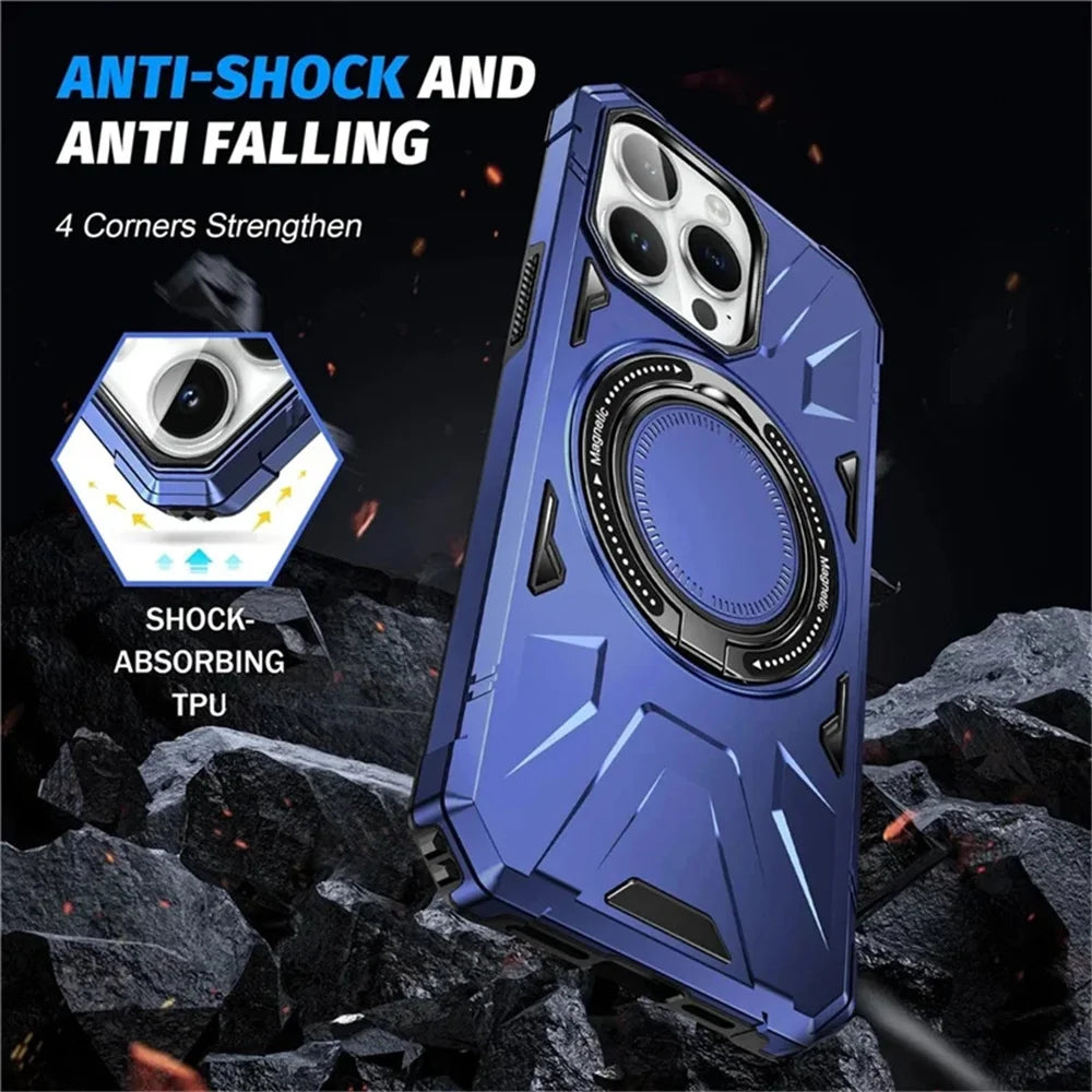 Premium iPhone Case MagSafe Compatible Rugged Armor Ring Stand Shockproof Protective Cover Hard PC Camera Lens Protection 360 Rotating Kickstand