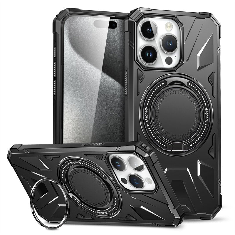 Premium iPhone Case MagSafe Compatible Rugged Armor Ring Stand Shockproof Protective Cover Hard PC Camera Lens Protection 360 Rotating Kickstand