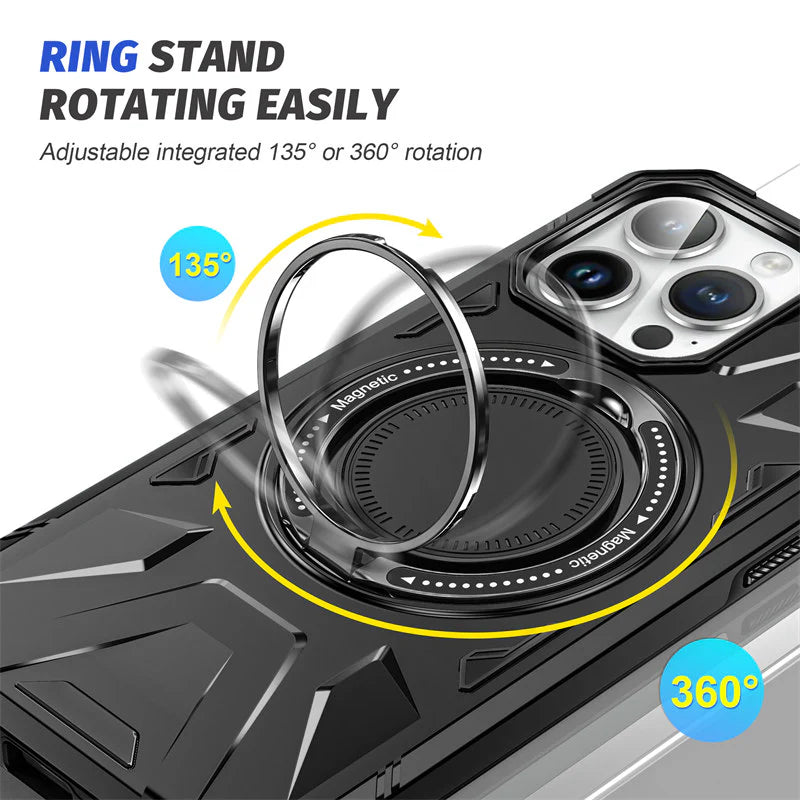 Premium iPhone Case MagSafe Compatible Rugged Armor Ring Stand Shockproof Protective Cover Hard PC Camera Lens Protection 360 Rotating Kickstand