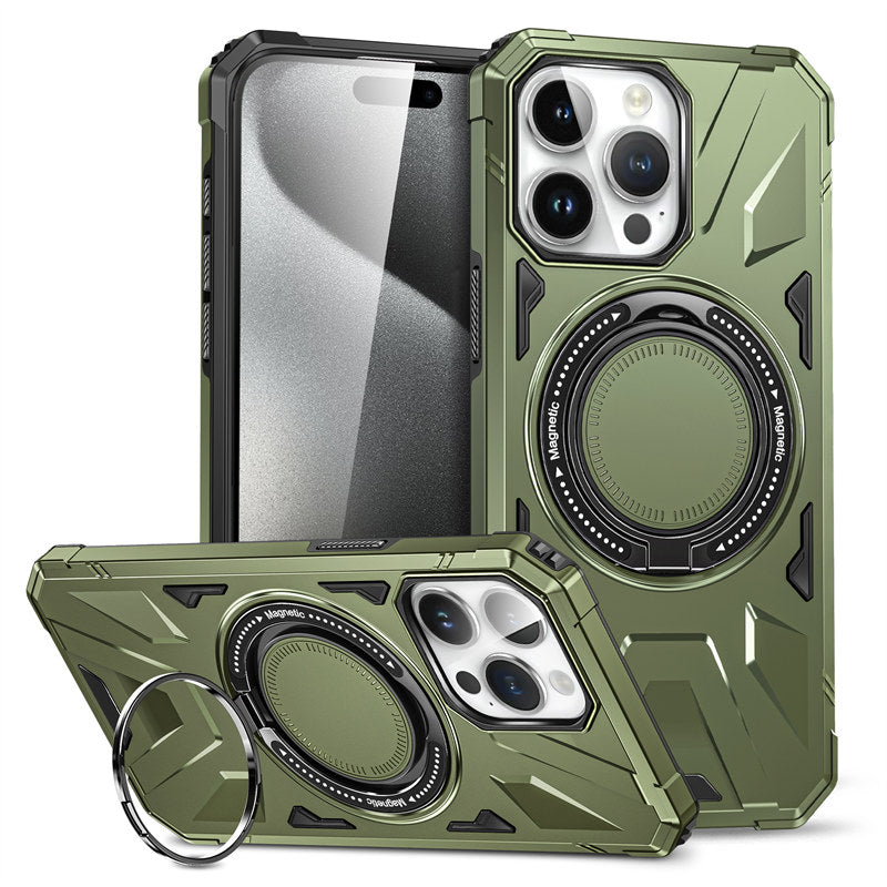 Premium iPhone Case MagSafe Compatible Rugged Armor Ring Stand Shockproof Protective Cover Hard PC Camera Lens Protection 360 Rotating Kickstand