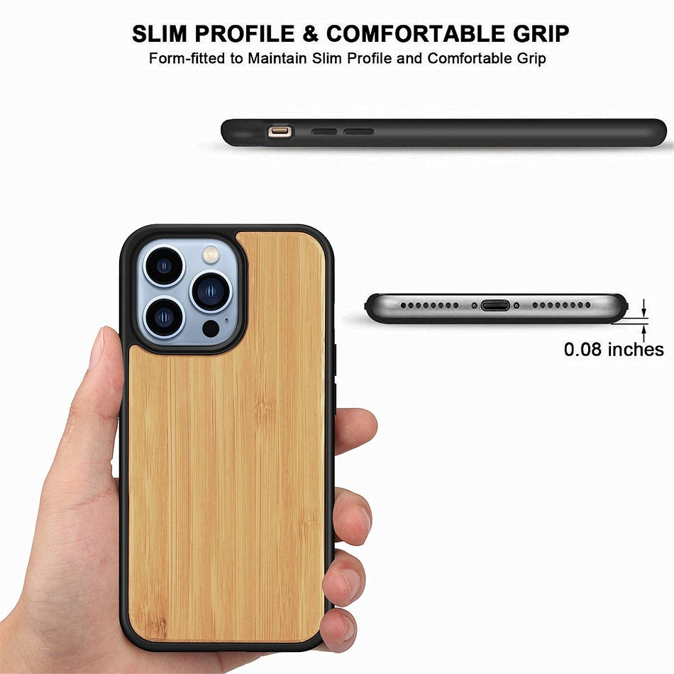 Premium iPhone Case MagSafe Compatible Solid Bamboo Wood Shockproof Protective Cover Hard Back Camera Lens Protection Slim Natural Design