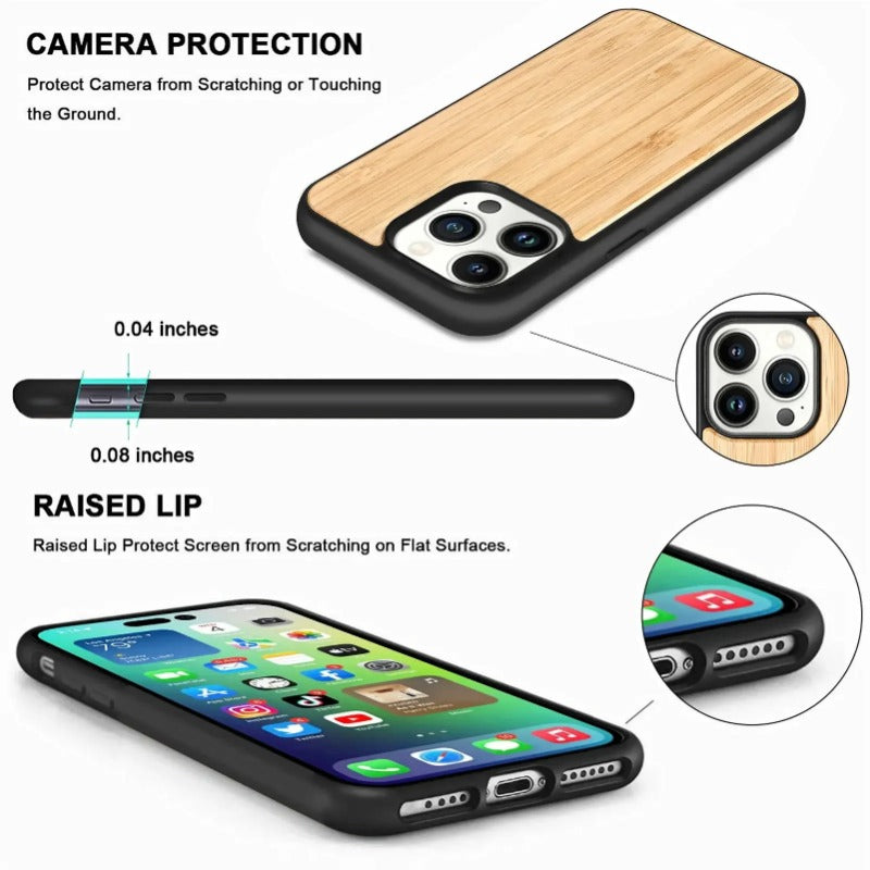 Premium iPhone Case MagSafe Compatible Solid Bamboo Wood Shockproof Protective Cover Hard Back Camera Lens Protection Slim Natural Design