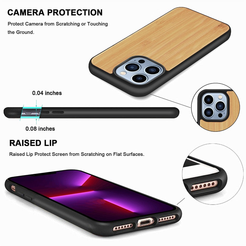 Premium iPhone Case MagSafe Compatible Solid Bamboo Wood Shockproof Protective Cover Hard Back Camera Lens Protection Slim Natural Design