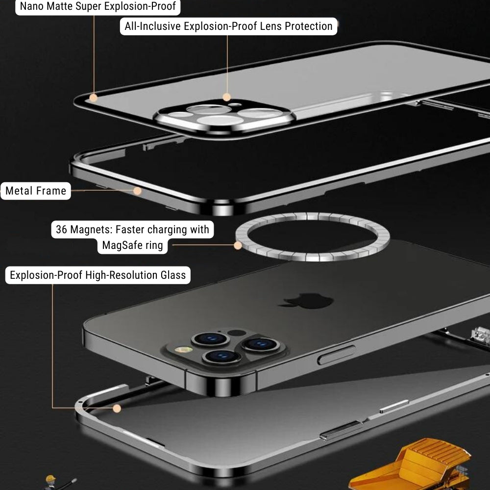 Premium iPhone Case MagSafe Compatible Transparent Full Body Aluminum Frame Tempered Glass Shockproof Protective Cover Camera Lens Protection