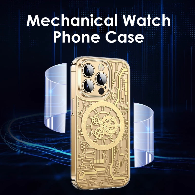 Premium iPhone Case MagSafe Compatible Transparent Mechanical Texture Shockproof Protective Cover Clear Back Bumper Frame Camera Lens Protection