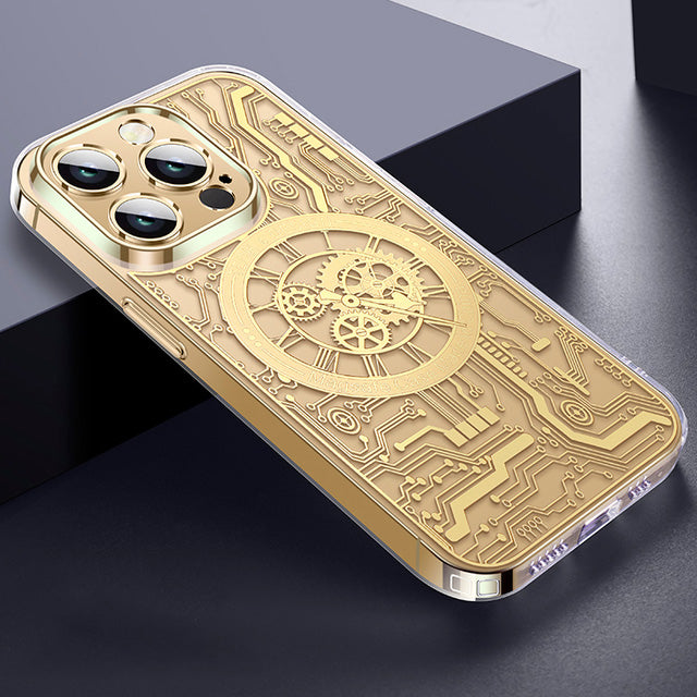 Premium iPhone Case MagSafe Compatible Transparent Mechanical Texture Shockproof Protective Cover Clear Back Bumper Frame Camera Lens Protection