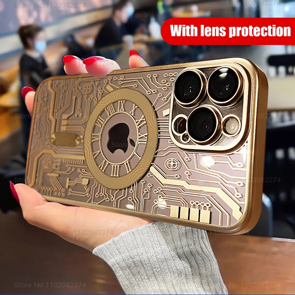 Premium iPhone Case MagSafe Compatible Transparent Mechanical Texture Shockproof Protective Cover Clear Back Bumper Frame Camera Lens Protection