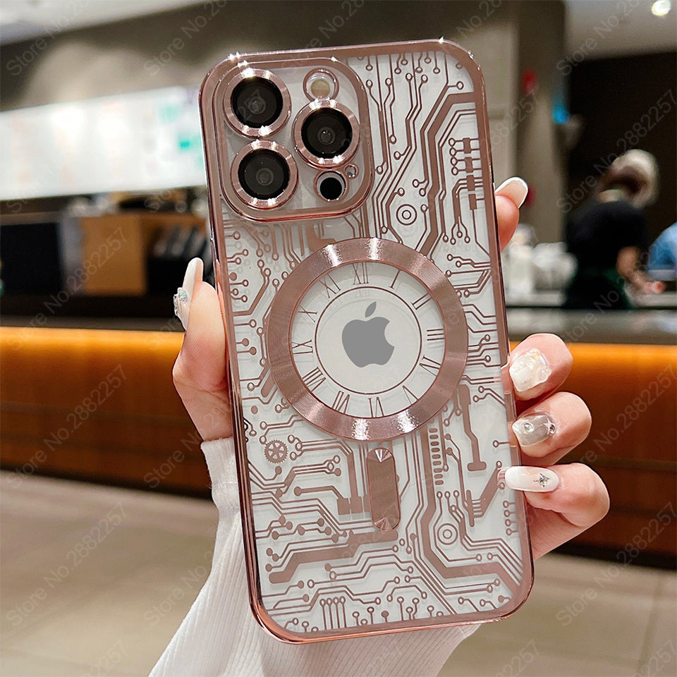 Premium iPhone Case MagSafe Compatible Transparent Mechanical Texture Shockproof Protective Cover Clear Back Bumper Frame Camera Lens Protection