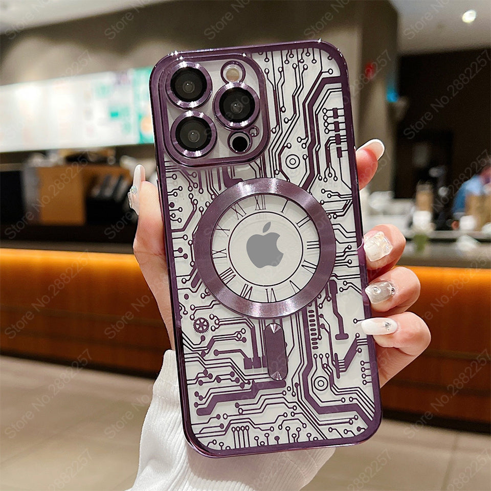 Premium iPhone Case MagSafe Compatible Transparent Mechanical Texture Shockproof Protective Cover Clear Back Bumper Frame Camera Lens Protection